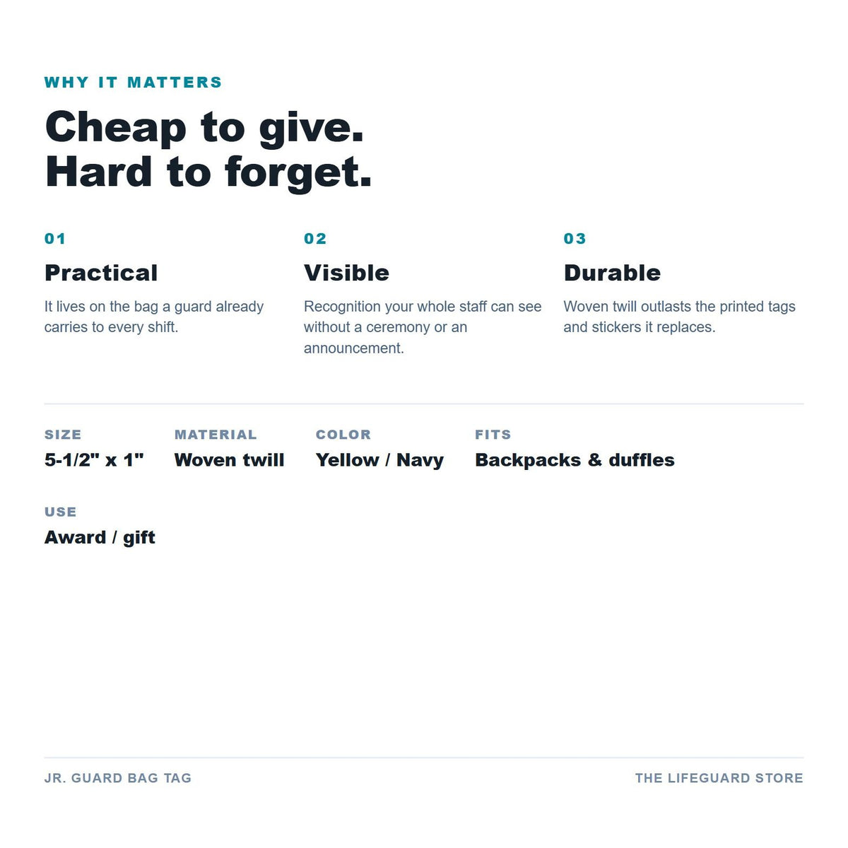 Jr. Guard Bag Tag benefits and specs