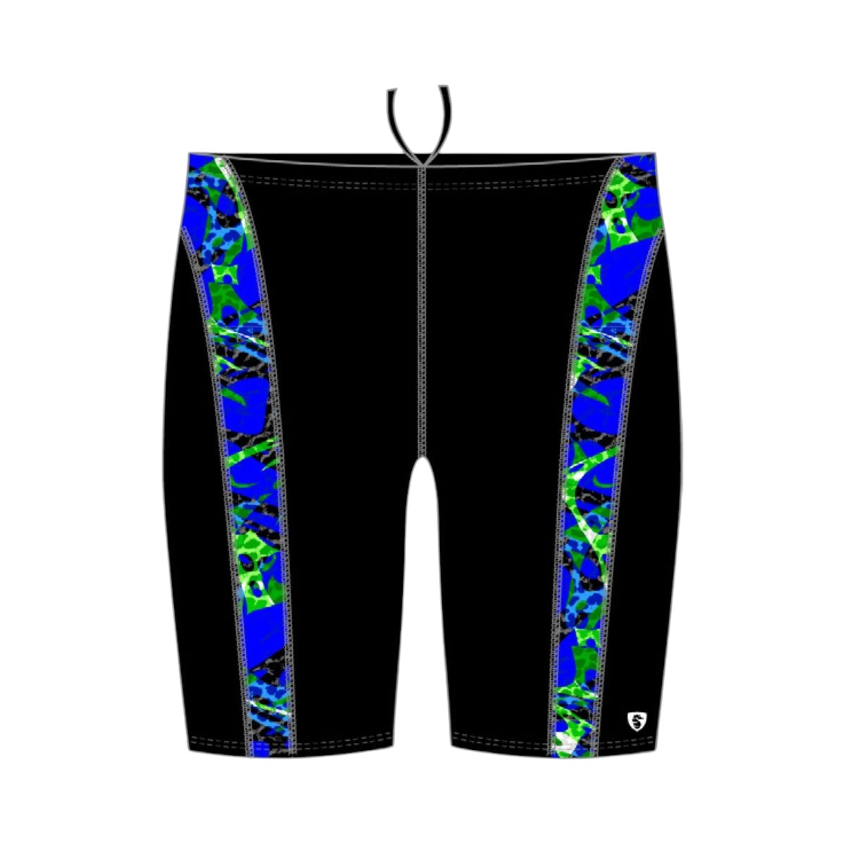 The Lifeguard Store Kiefer Sandies Wave Daze Jammer in black with blue and green abstract side panels. Made of polyester and spandex.