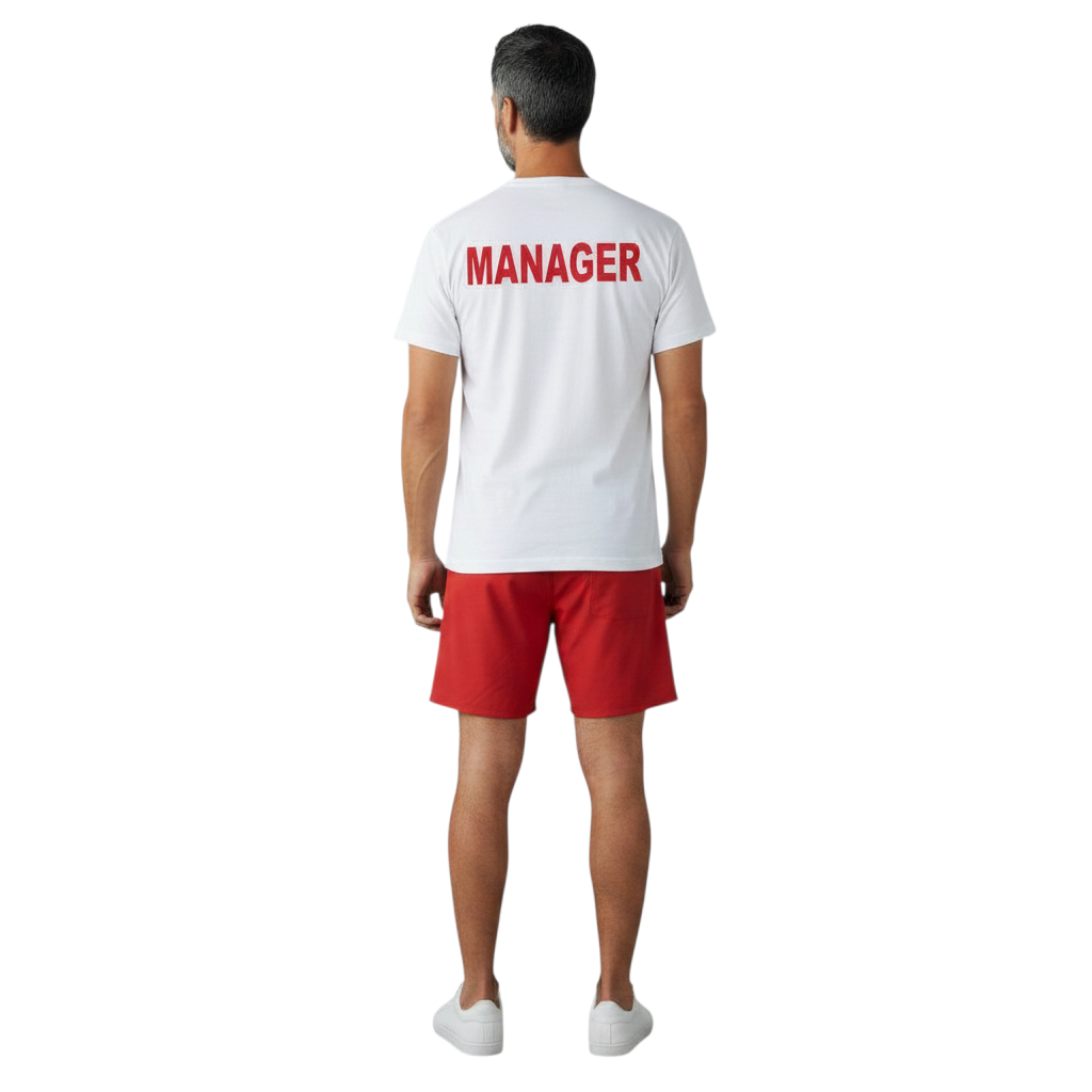 The Lifeguard Store white cotton Manager tee with red lettering on the back, worn by a man with red shorts.