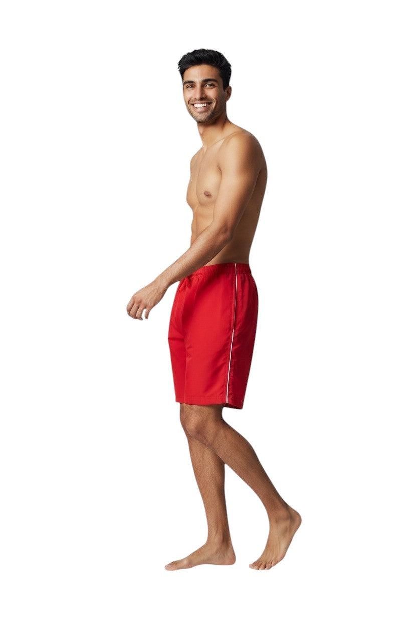 The Lifeguard Store red polyester board shorts with white piping and drawstring waist. UPF30+ protection.