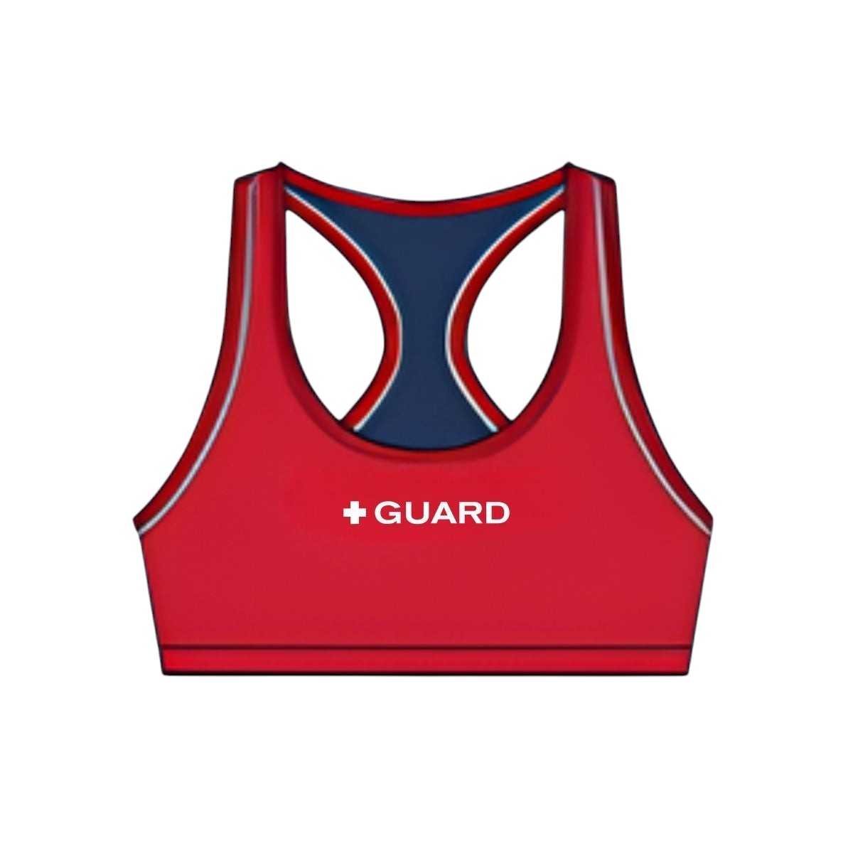 The Lifeguard Store red reversible racer back guard top with navy blue interior and white trim. Features "+ GUARD" text.