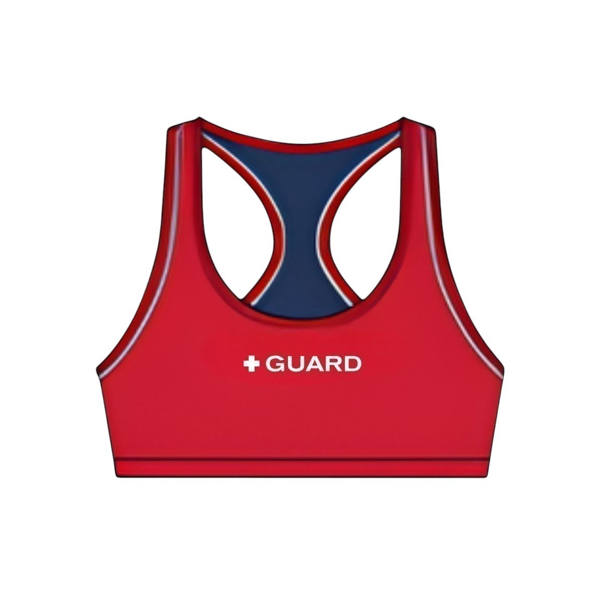 The Lifeguard Store red reversible racer back guard top with navy blue interior and white trim. Features "+ GUARD" text.
