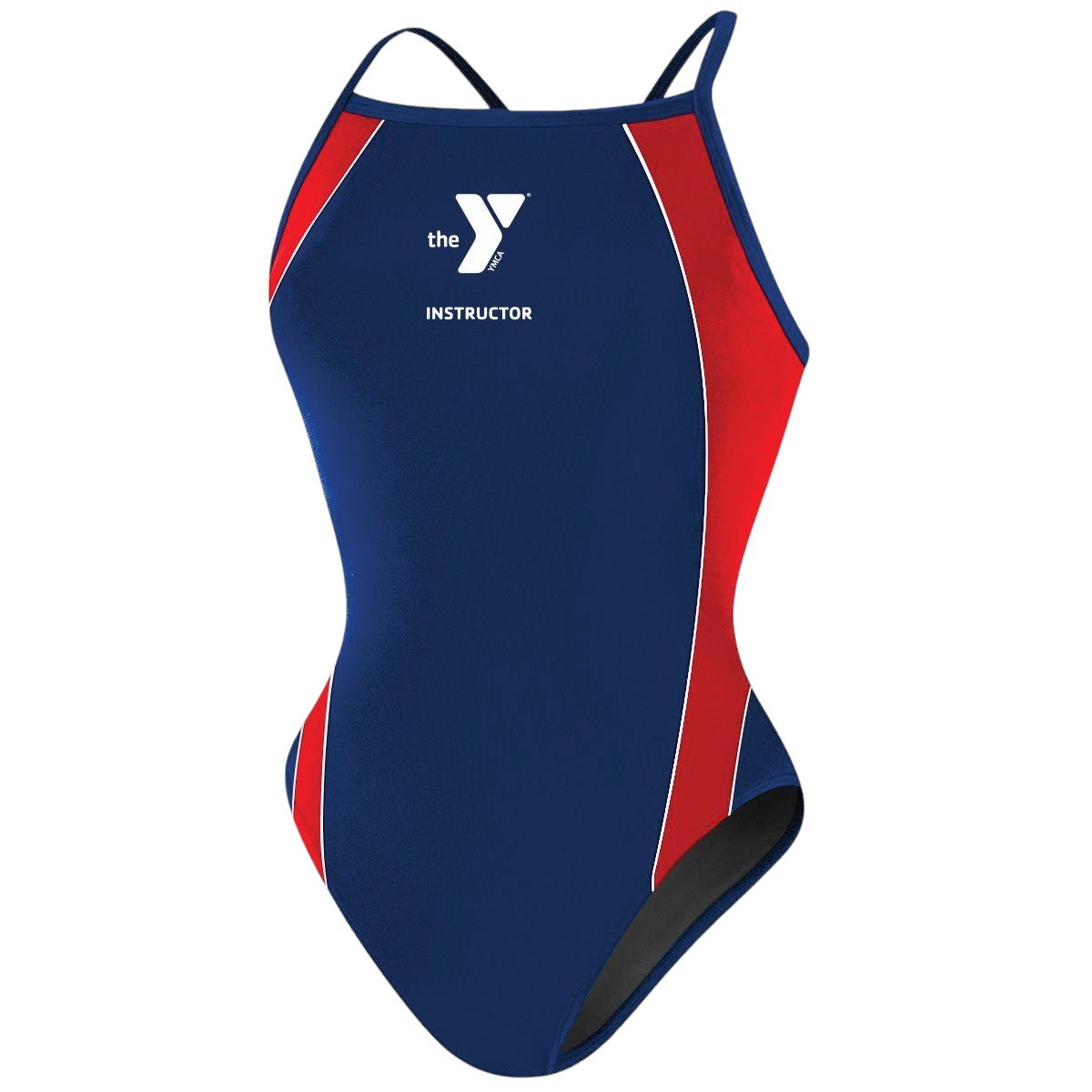 The Lifeguard Store YMCA Kiefer Instructor H-Back Splice One Piece Swimsuit in navy blue with red side panels and white trim.