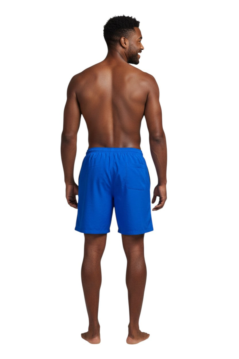 The Lifeguard Store YMCA Kiefer Board Short in royal blue polyester with elastic waistband and drawstring. Features quick-dry fabric and UPF30+ protection.