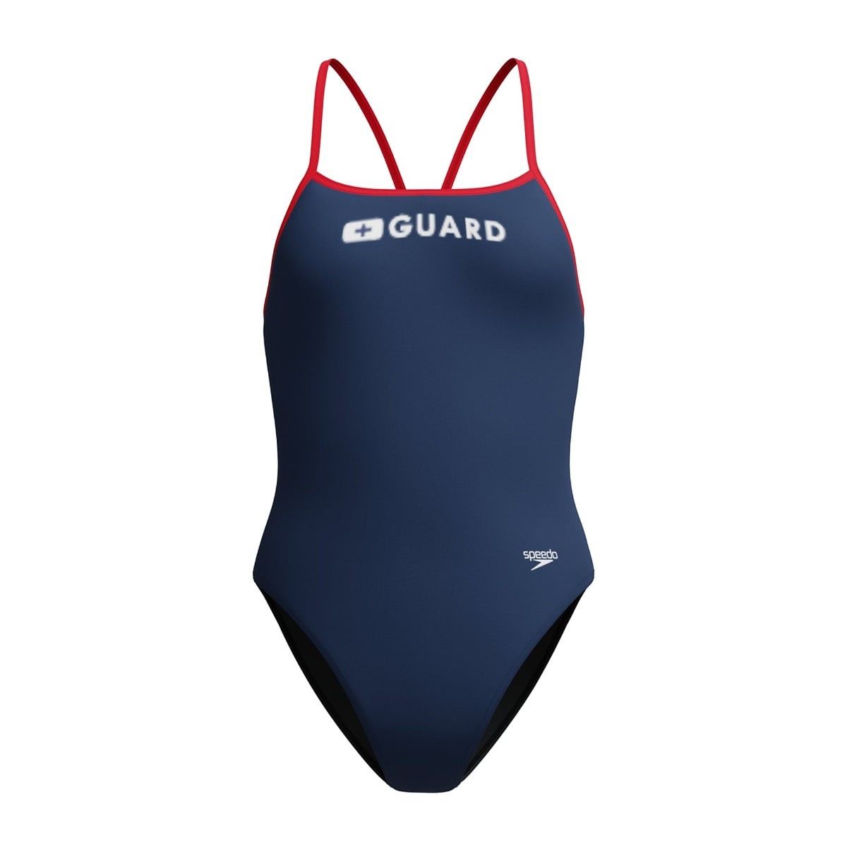 The Lifeguard Store Speedo Guard Endurasoft navy blue one-piece swimsuit with red trim and straps. Features "GUARD" text.