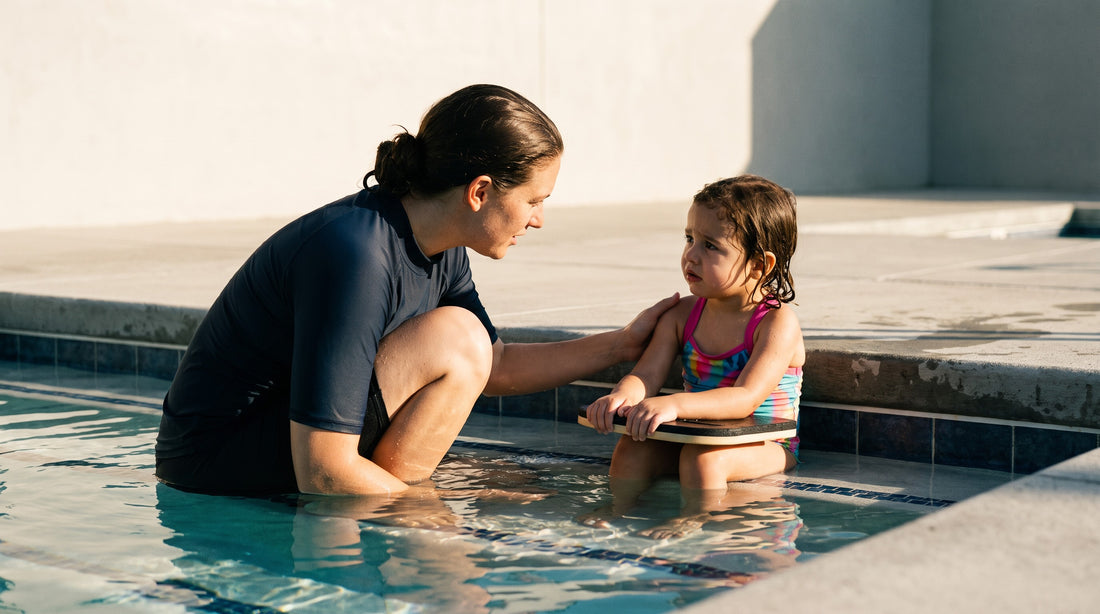 Swim instructor gently reassuring a hesitant child on the pool steps in the shallow end