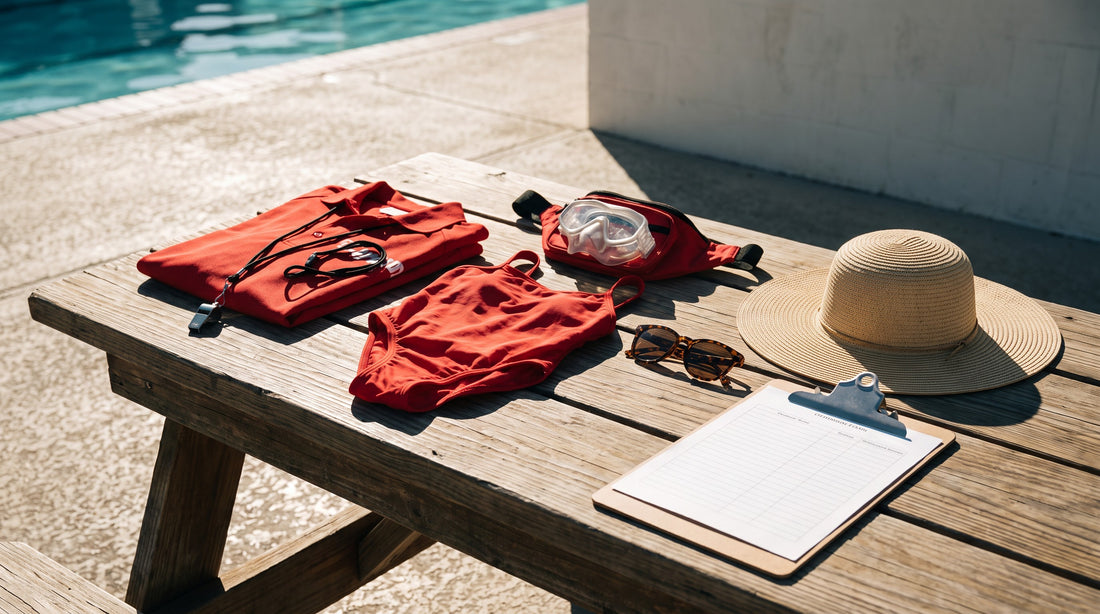 New lifeguard onboarding kit with red uniform, whistle, hip pack, rescue mask and forms