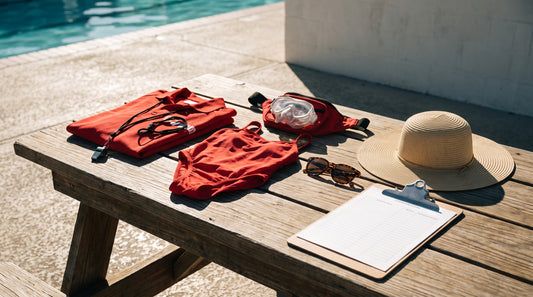 New lifeguard onboarding kit with red uniform, whistle, hip pack, rescue mask and forms