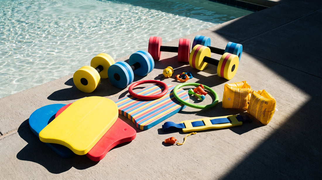 Learn-to-swim teaching equipment with kickboards, noodles, dive rings and a flotation belt