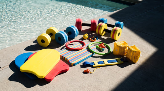 Learn-to-swim teaching equipment with kickboards, noodles, dive rings and a flotation belt
