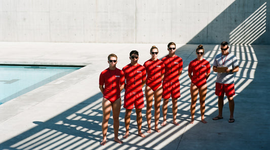 A row of lifeguards in matching red uniforms showing a consistent uniform standard