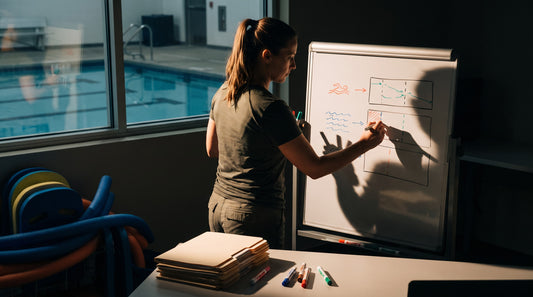 Aquatics coordinator mapping out swim lesson levels on a whiteboard in a pool office