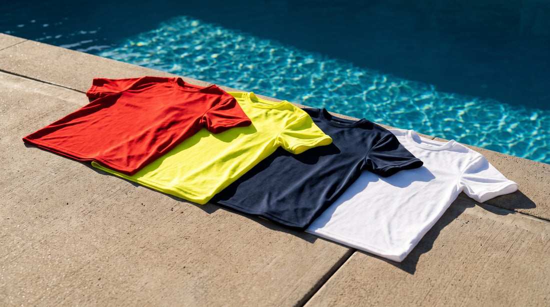 Lifeguard shirts in red, yellow, navy and white compared for visibility against pool water