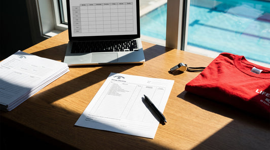 Aquatics manager's desk set up for lifeguard hiring with a checklist, applications and laptop