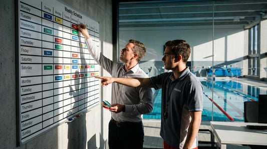 Aquatics manager building a lifeguard shift schedule on a magnetic weekly planning board