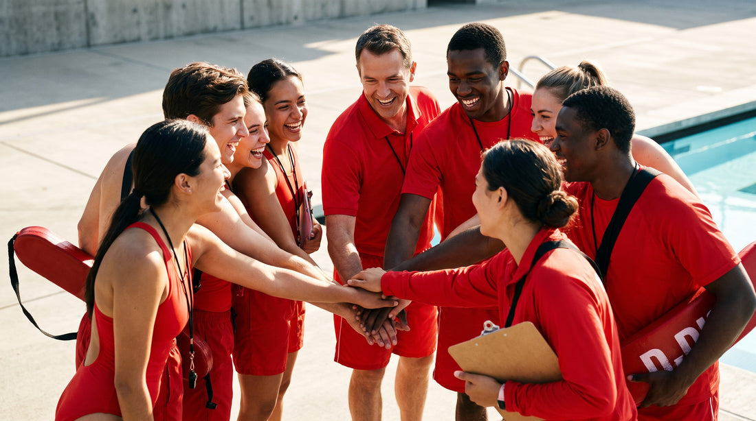 Aquatics staff laughing together during a pre-shift huddle on the pool deck