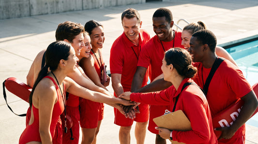 Aquatics staff laughing together during a pre-shift huddle on the pool deck