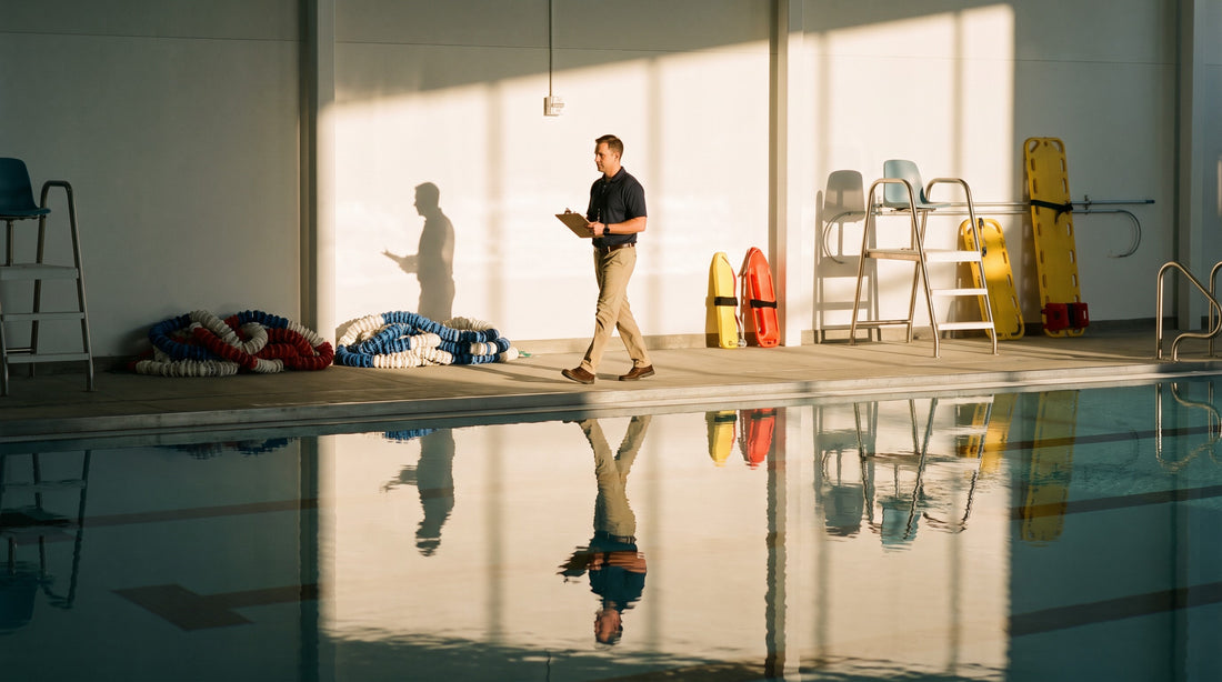 Facility manager with a clipboard walking the deck of a clean pool before opening