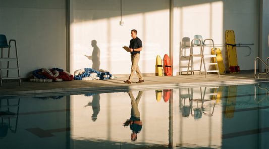 Facility manager with a clipboard walking the deck of a clean pool before opening
