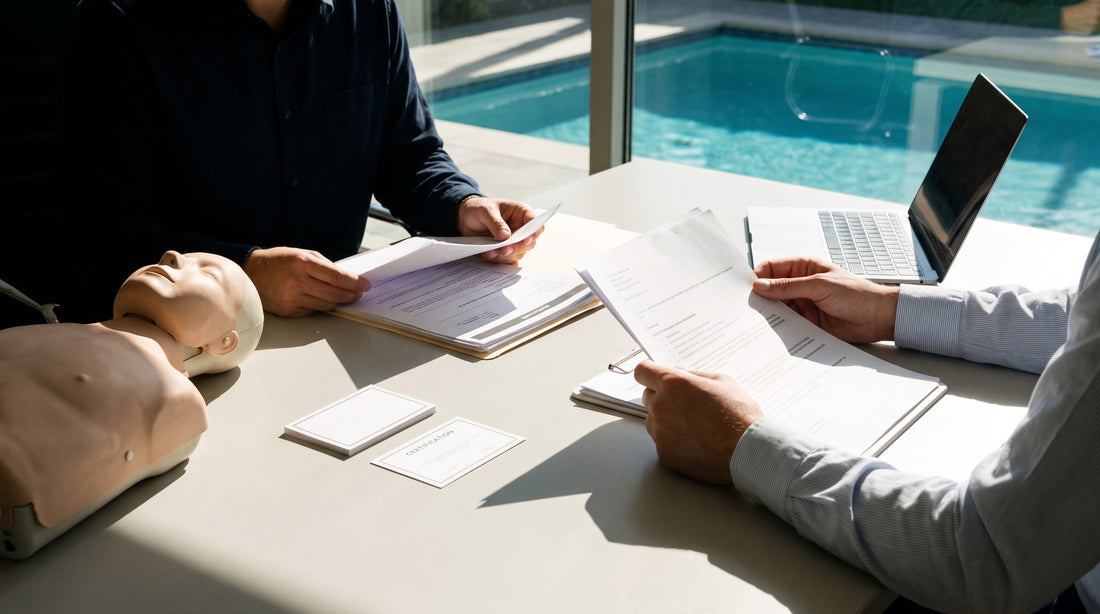 Hiring manager reviewing lifeguard credentials with resumes and a CPR training manikin