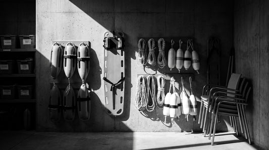 Off-season storage room with rescue tubes on hooks, a mounted backboard and stacked guard chairs