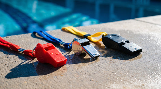 Three lifeguard whistles on breakaway lanyards shown in close detail on a wet pool deck