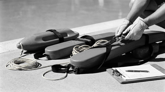 Lifeguard inspecting rescue tubes and a rescue buoy with towlines laid out for checking
