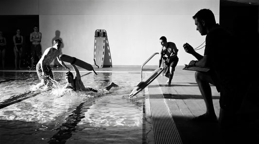 Lifeguards practising rescue tube entries during an in-service training session