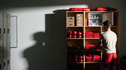 Guard room being restocked with rescue tubes, uniforms, gloves and first aid supplies