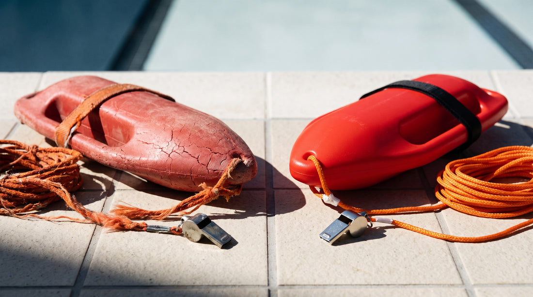 Worn faded rescue tube and frayed towline compared with new replacement equipment