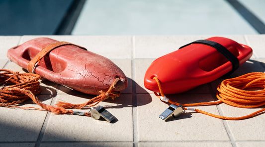 Worn faded rescue tube and frayed towline compared with new replacement equipment