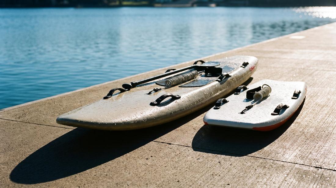 A paddle rescue board and a shorter pool rescue board on a sunny deck beside the water