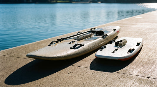 A paddle rescue board and a shorter pool rescue board on a sunny deck beside the water