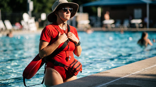 Lifeguard on duty in full kit scanning the pool with a rescue tube across the body