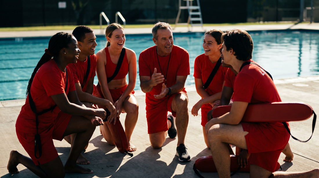 Returning lifeguard team gathered with a supervisor at the start of a season