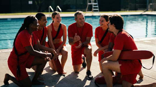Returning lifeguard team gathered with a supervisor at the start of a season