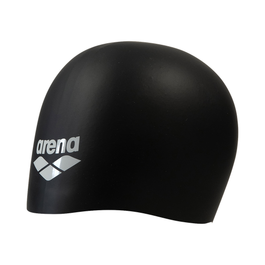 Black swim cap with Arena logo on a white background