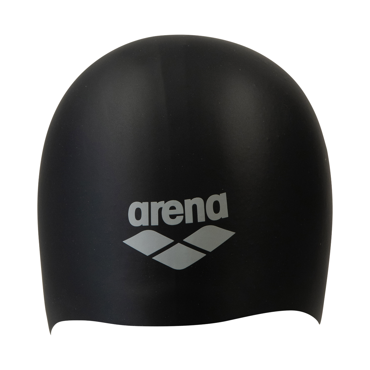 Black swim cap with Arena logo on a white background