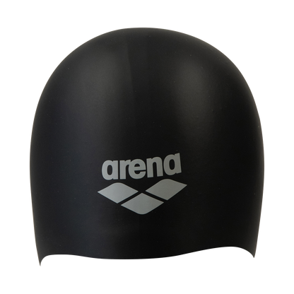Black swim cap with Arena logo on a white background