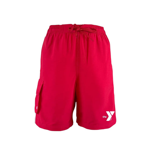 The Lifeguard Store YMCA Men's Kiefer Board Short in red, front view showing the Y logo and side cargo pocket.