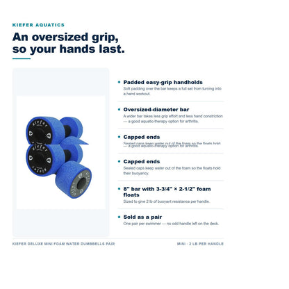 Kiefer Deluxe Mini Foam Water Dumbbells features: padded easy-grip handholds, oversized-diameter bar, capped ends, 8 inch bar