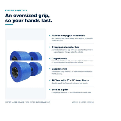 Kiefer Large Deluxe Foam Water Dumbbells features: padded easy-grip handholds, oversized-diameter bar, capped ends, 16 inch bar
