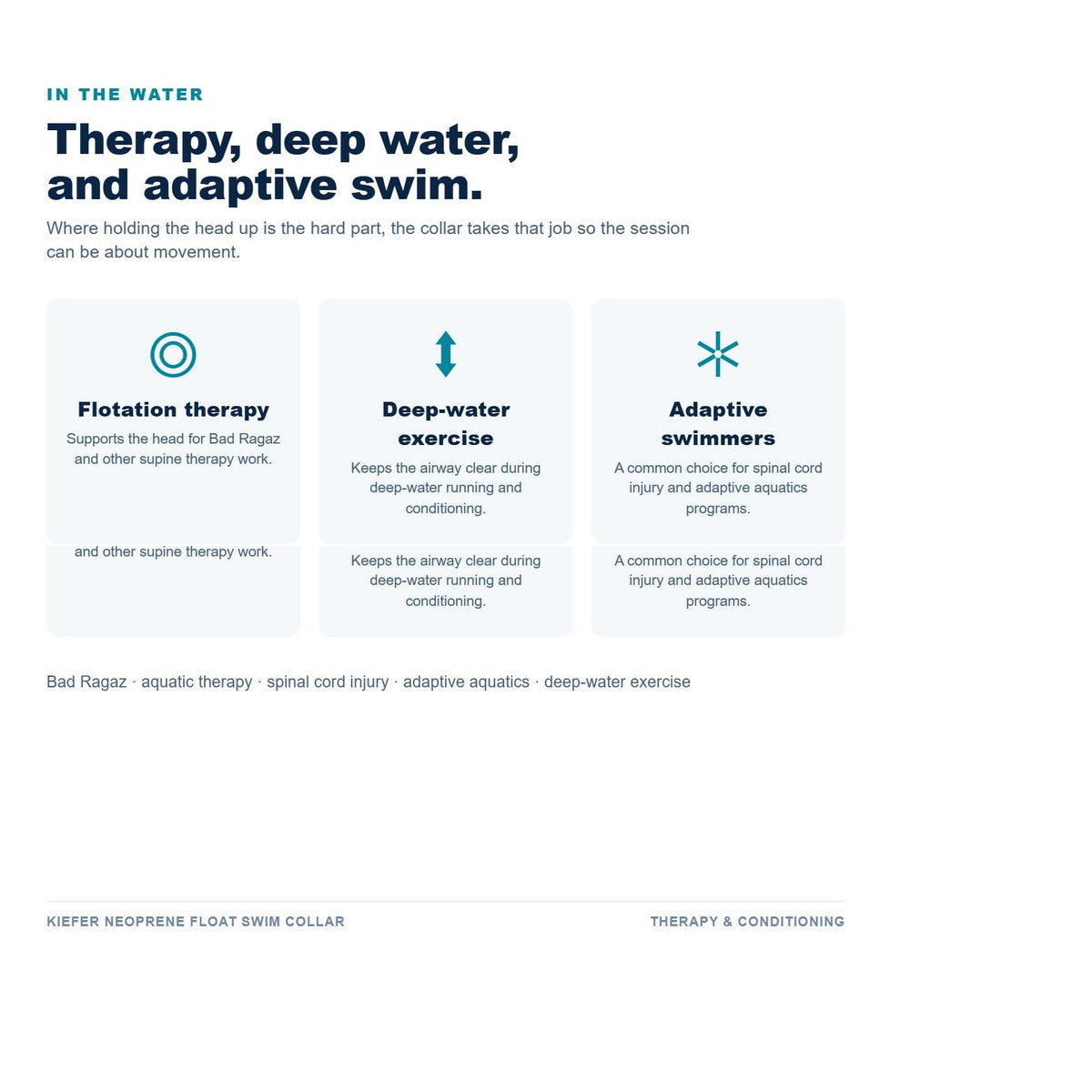 Kiefer Neoprene Float Swim Collar use cases: flotation therapy, deep-water exercise and adaptive swimmers