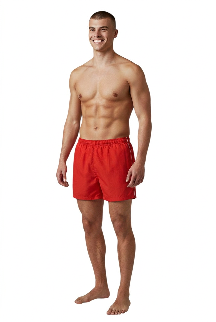 The Lifeguard Store red nylon trunk with white side piping and elastic waistband.