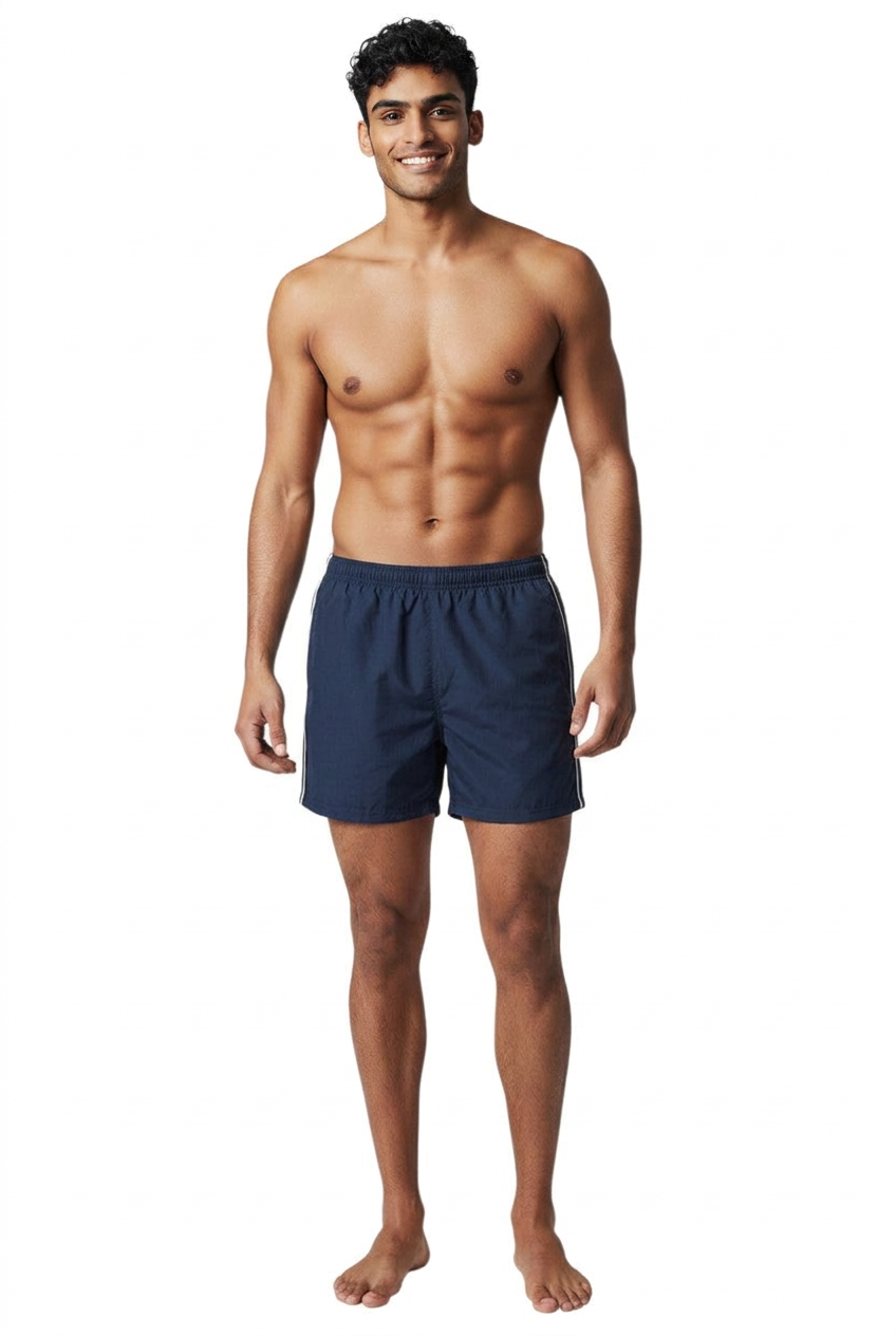 The Lifeguard Store navy blue nylon trunk shorts with white side piping and elastic waistband.