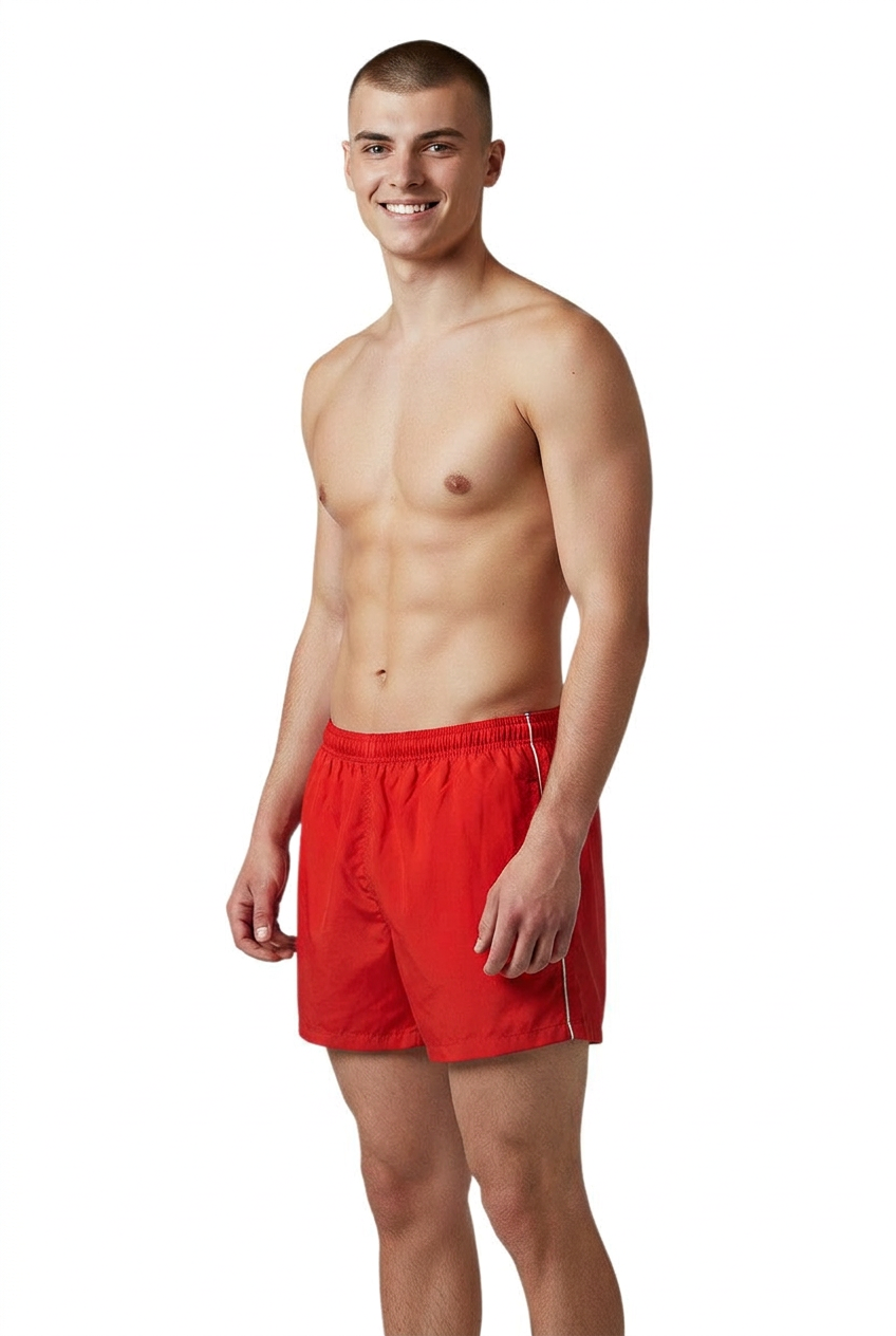 The Lifeguard Store red nylon trunk with white side stripe, elastic waistband, and 5" inseam.