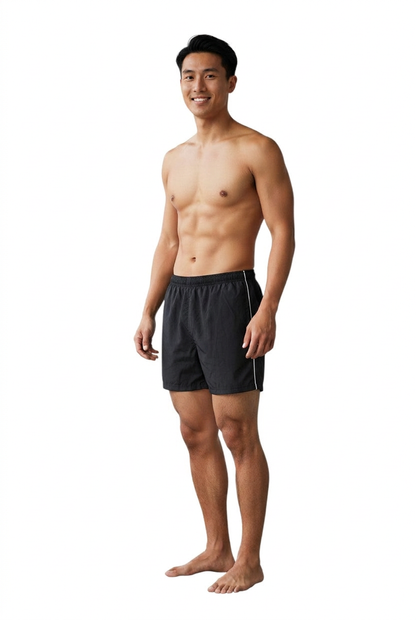 The Lifeguard Store RISE Classic Solid Trunk, black nylon with white side piping and 5" inseam.