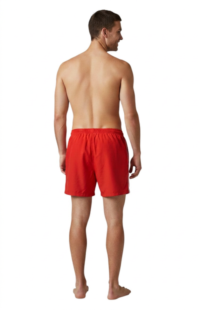 The Lifeguard Store red nylon trunks with white side piping and elastic waistband. 5" inseam.