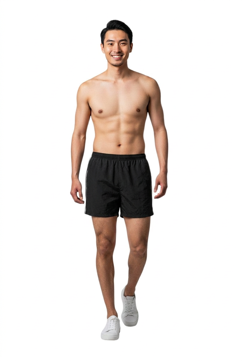 The Lifeguard Store black nylon trunks with white side piping and elastic waistband.