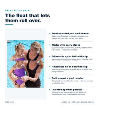 Paddler learn-to-swim device features: front-mounted float, works with every stroke, adjustable nylon belt